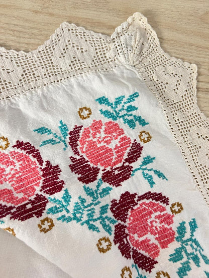 vintage linen floral embroidered crochet trim tablecloth - good market thrift store