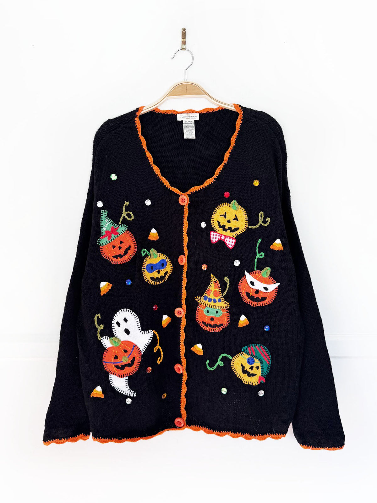 vintage yarnworks ramie-blend pumpkin patch knit cardigan sweater | halloween