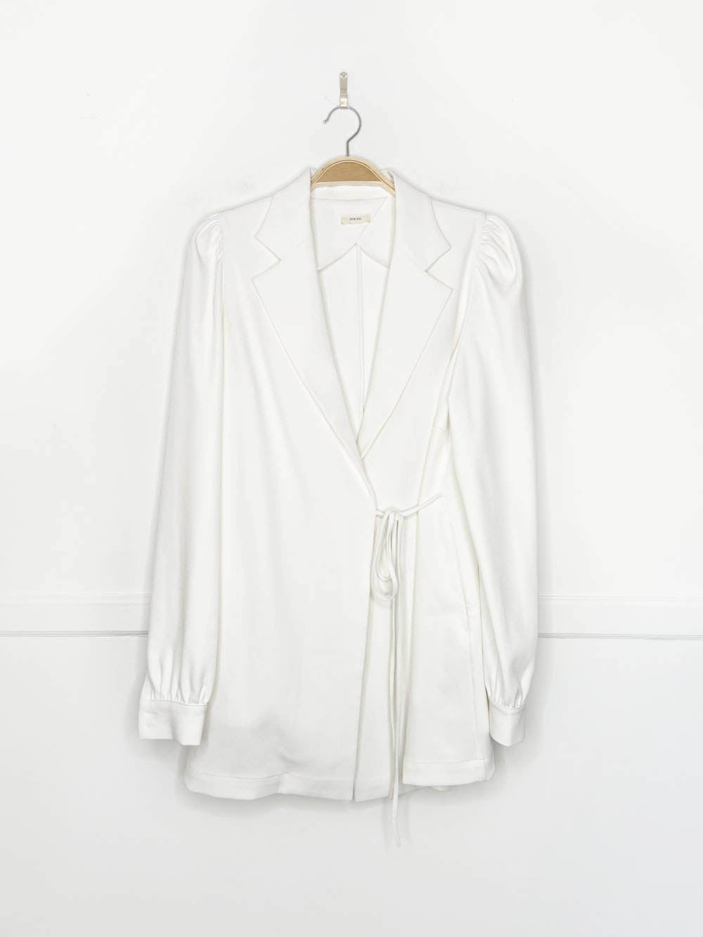 etik nor puff shoulder structured wrap mini dress | made in Sweden