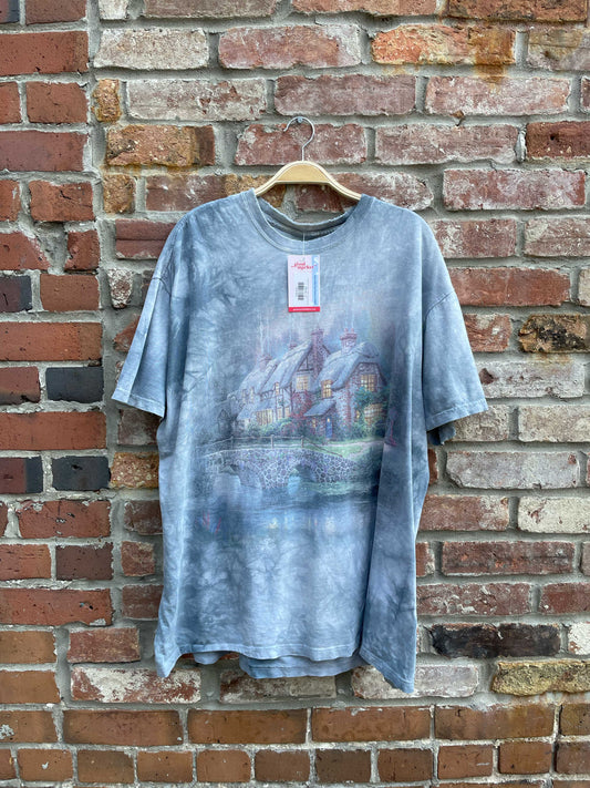 vintage 90s thomas kinkade cottage scene tee