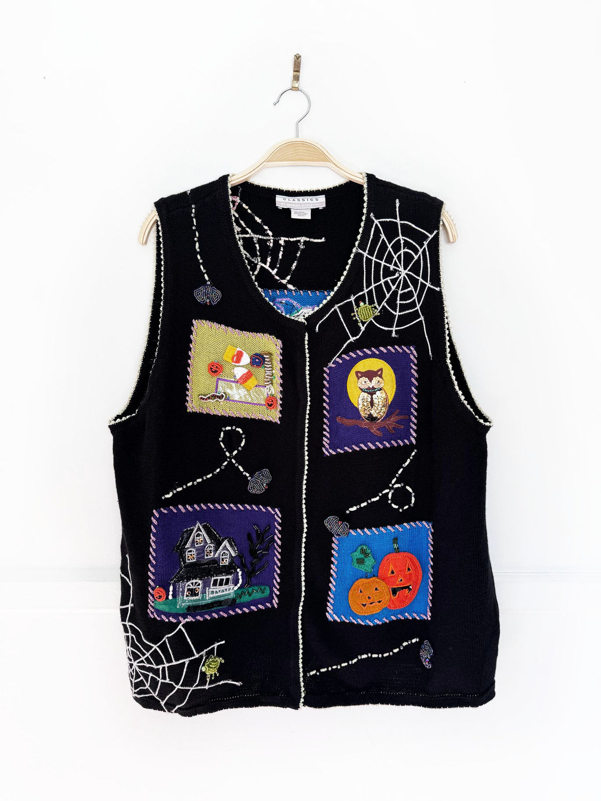 vintage marisa christina beaded halloween spider web knit vest | ramie-blend
