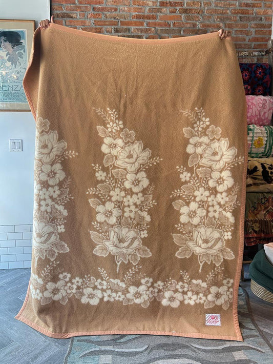 vintage H double lion brand floral wool blanket - good market thrift store