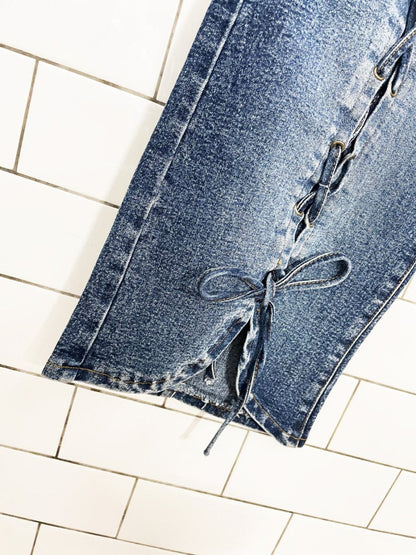 y2k request lace up stretch denim capri - good market thrift store