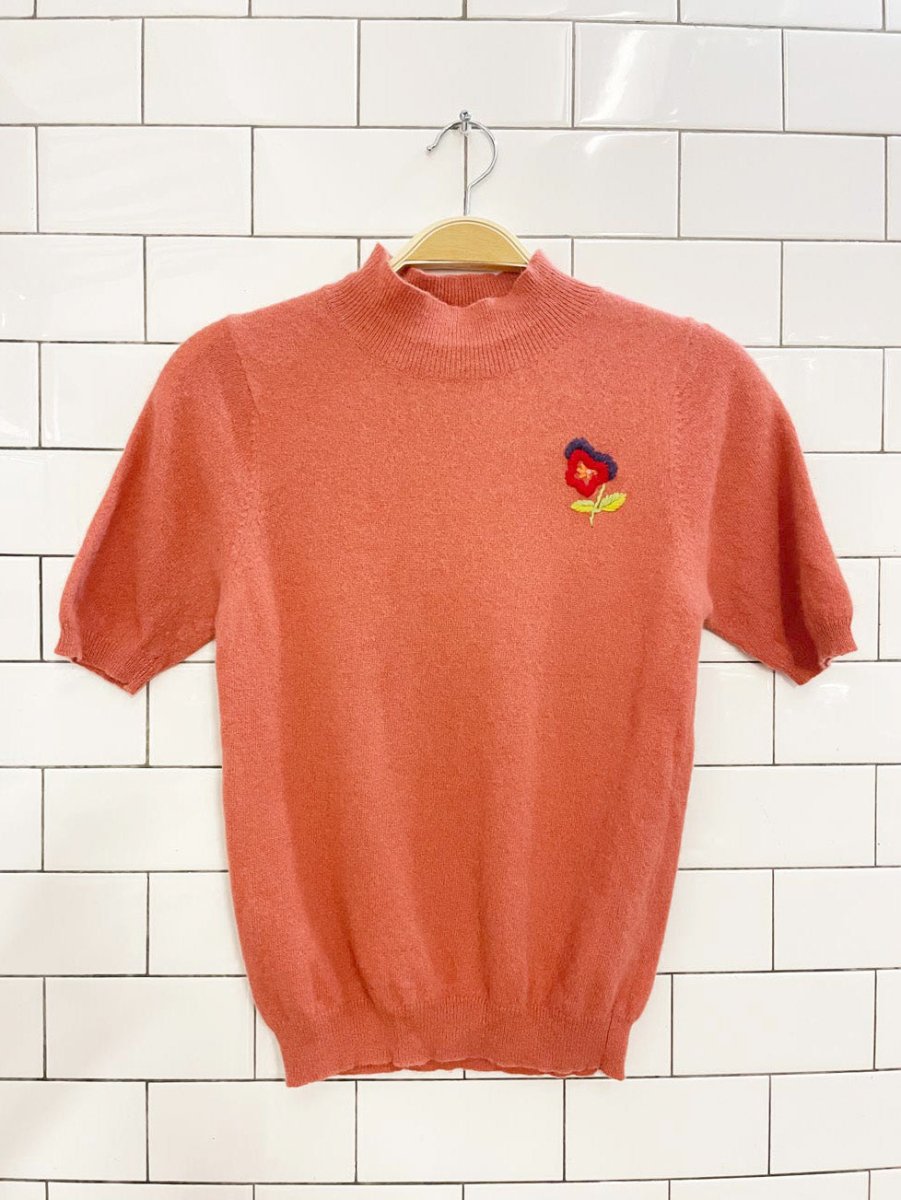 vintage hand - embroidered angora - wool blend short sleeve sweater - good market thrift store