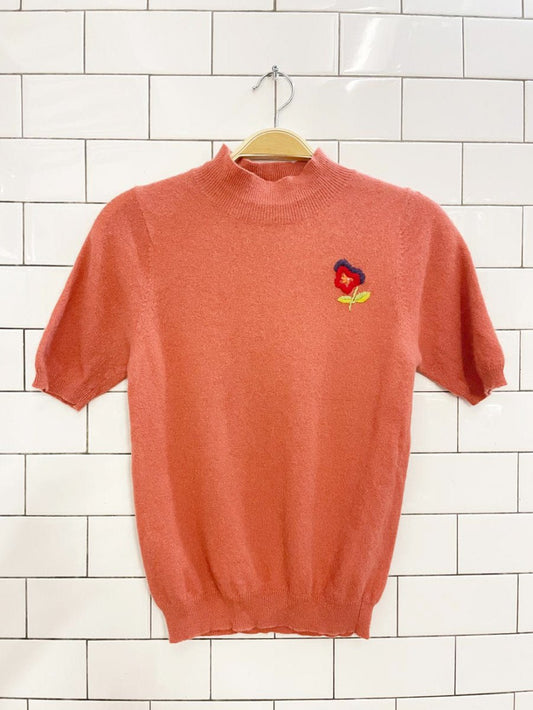 vintage hand - embroidered angora - wool blend short sleeve sweater - good market thrift store