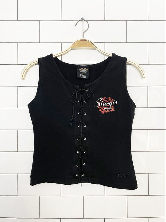 y2k sturgis bike week lace up stretchy crop tank top | v twin motorcyle apparel