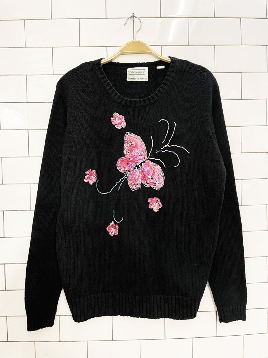 vintage 00s shenanigans sequin butterfly knit sweater - good market thrift store