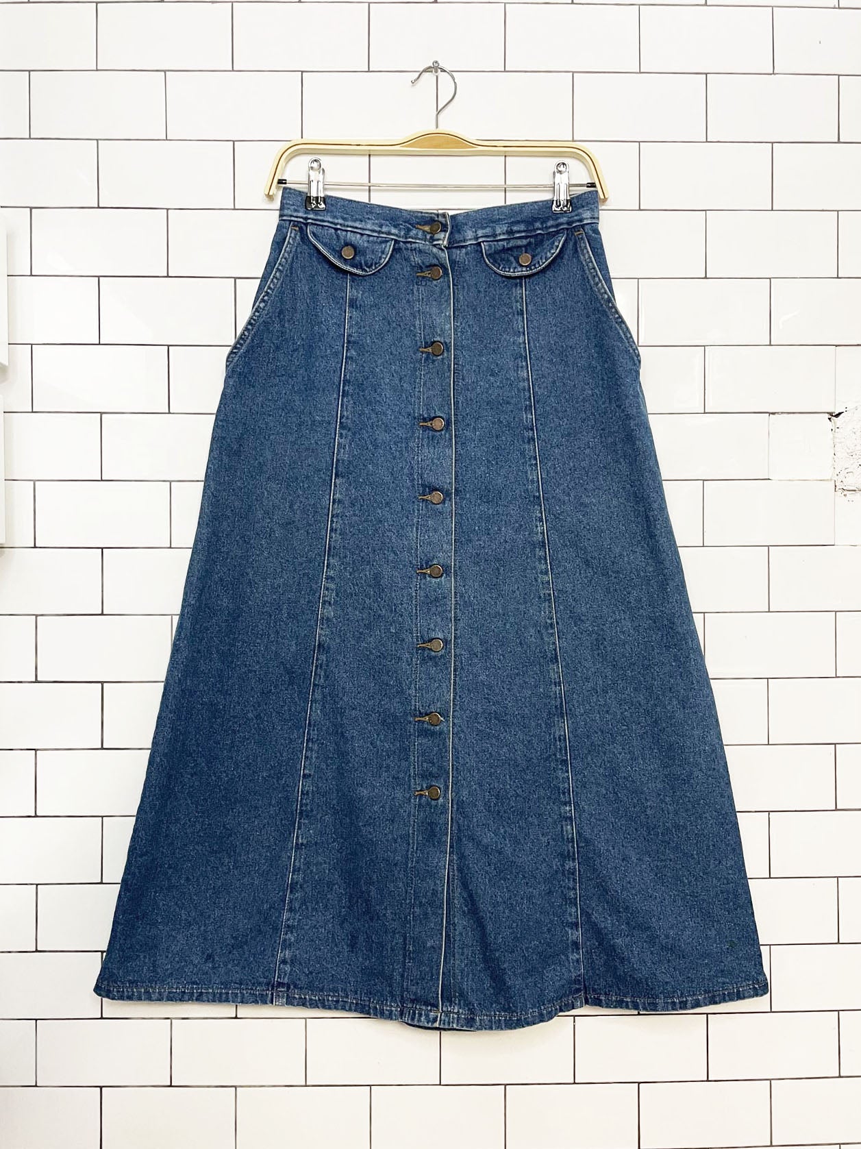 vintage 90s riders full button denim a-line midi skirt