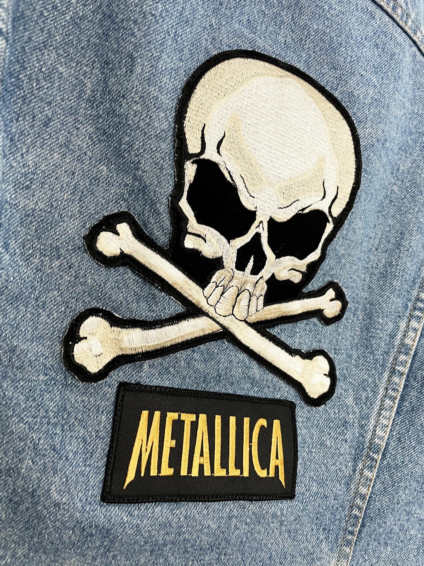 vintage 80s levi's denim metallica skull bones patch jacket | made in usa