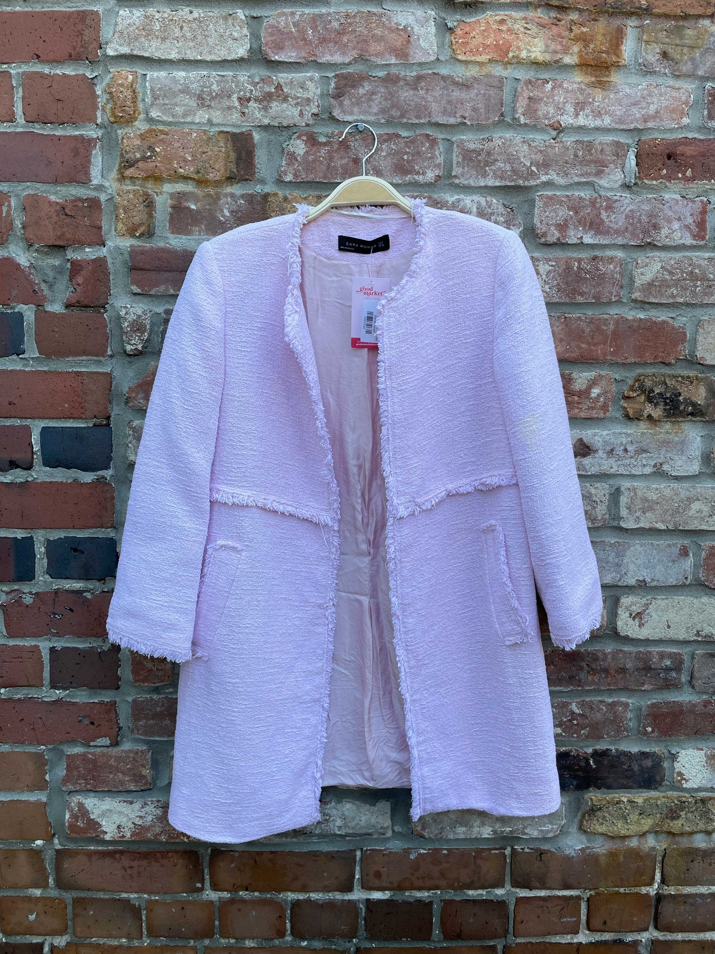 zara pink tweed fringe open jacket