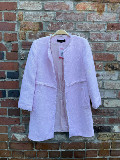 zara pink tweed fringe open jacket