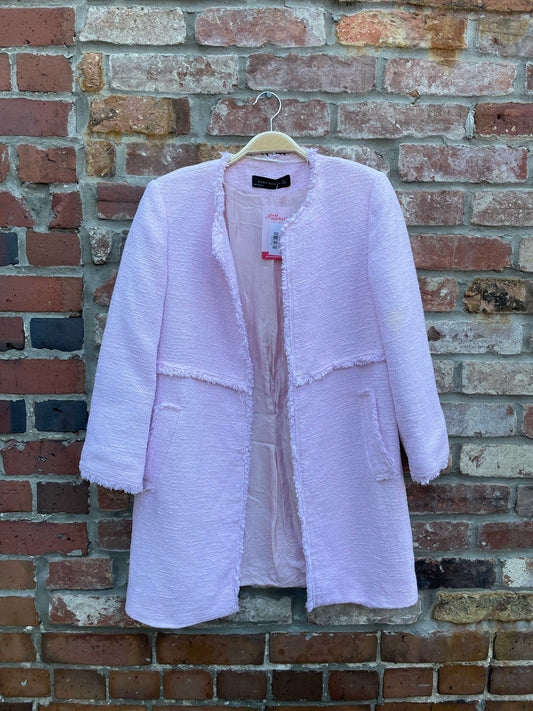 zara pink tweed fringe open jacket