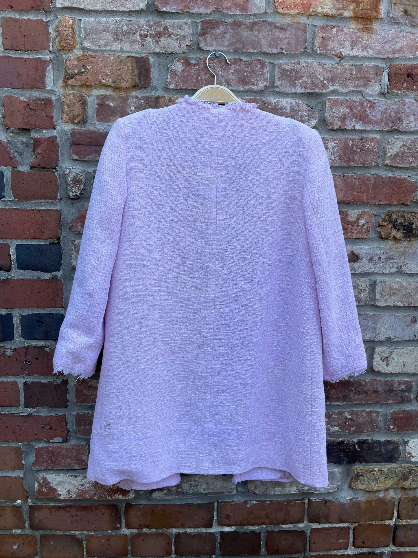 zara pink tweed fringe open jacket