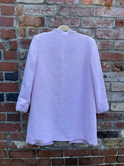 zara pink tweed fringe open jacket