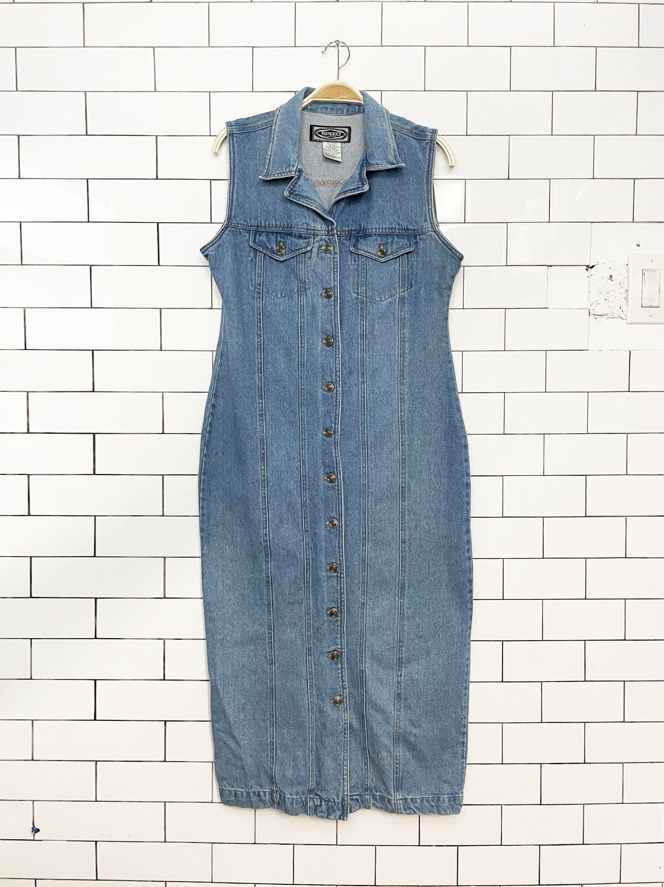 vintage 90s speed control denim full button fitted maxi dress