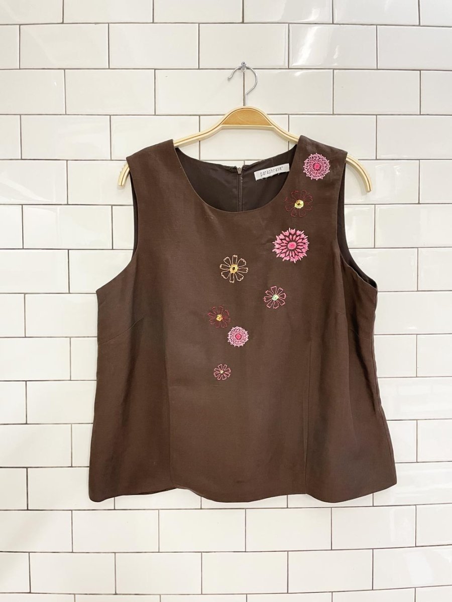 y2k paraphrase flower embroidered linen tank - good market thrift store