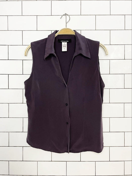 vintage 00s jones new york 100% silk full button sleeveless shirt