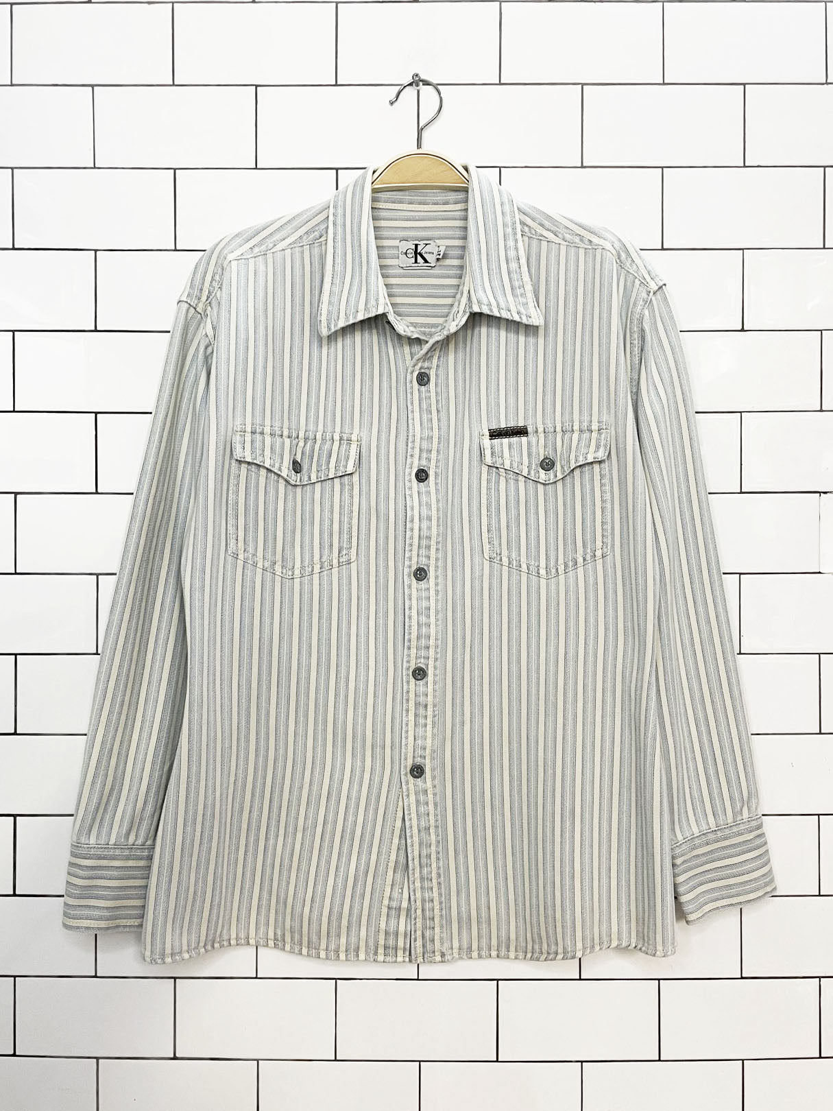 vintage 90s calvin klein blue stripe soft full button shirt