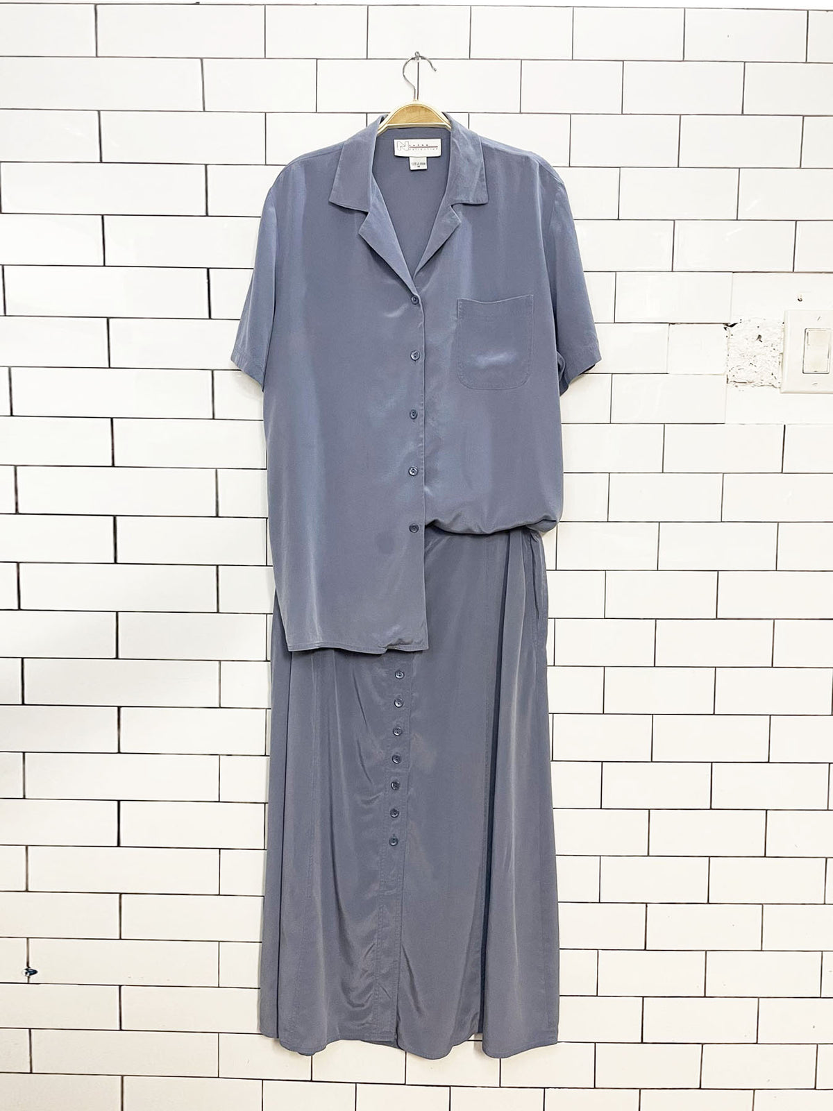 x2 vintage 100% silk nygard blouse + full button maxi skirt