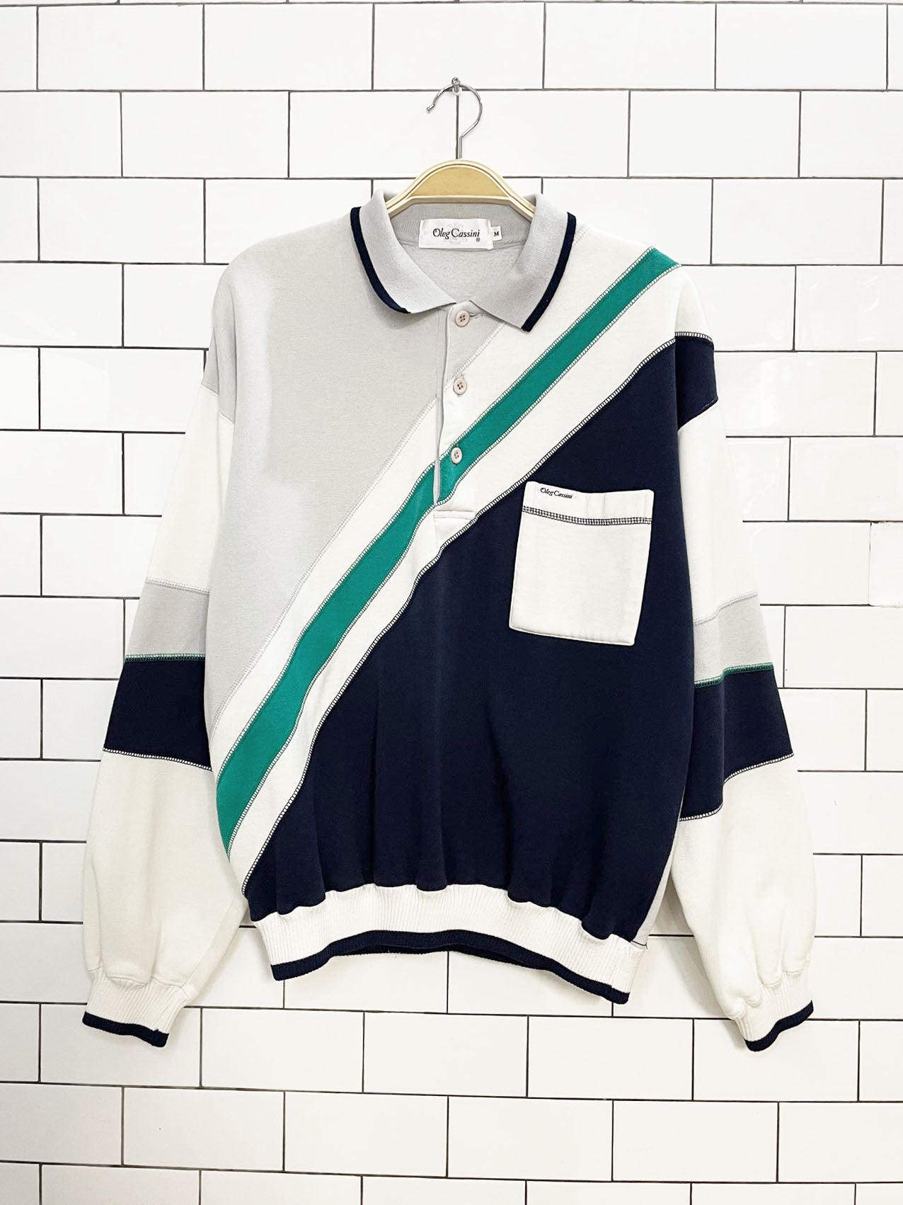 vintage 80s oleg cassini tennis prep colour block collared sweatshirt | made in USA