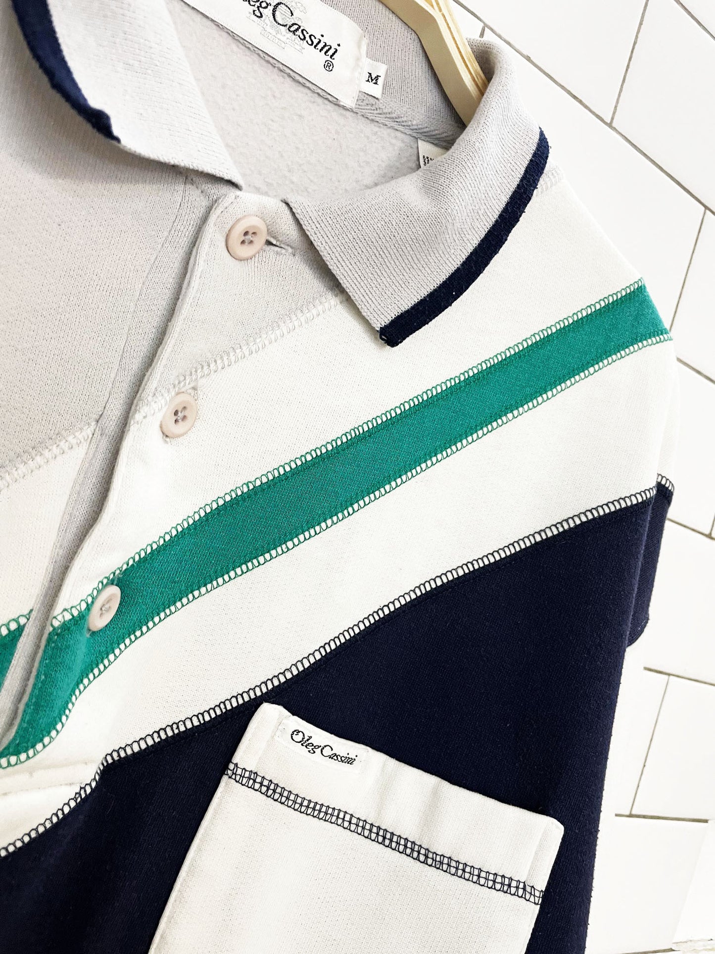 vintage 80s oleg cassini tennis prep colour block collared sweatshirt | made in USA