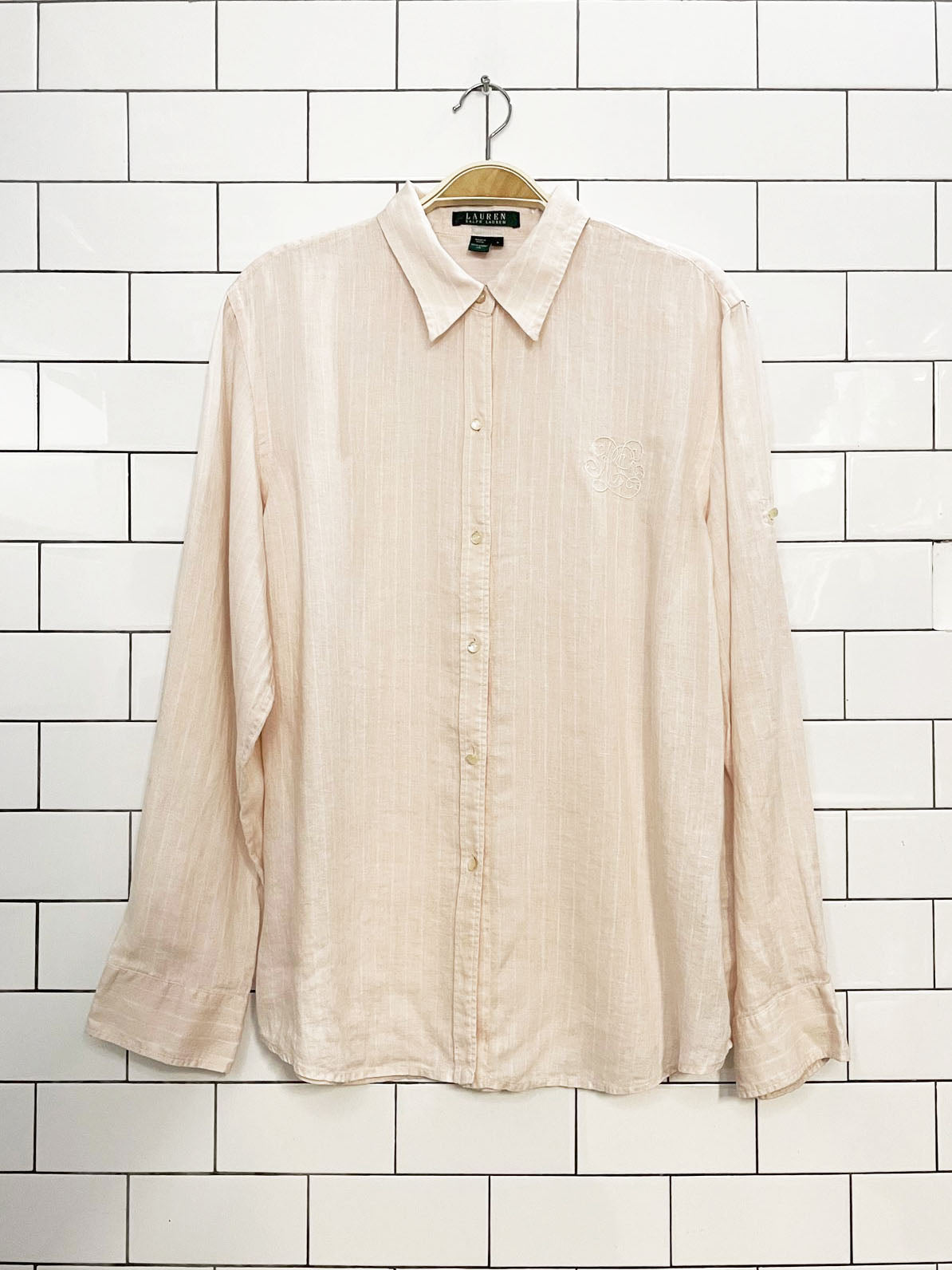 lauren ralph lauren 100% linen crested stripe full button shirt