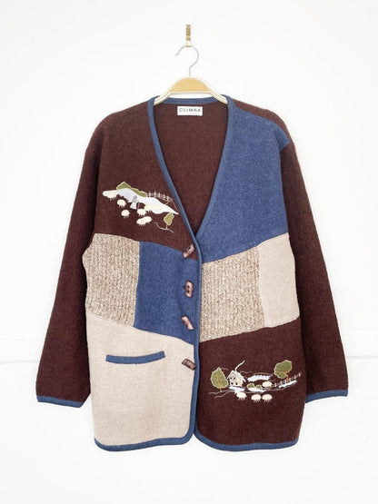 vintage 00s climax by sacha wool patchwork farm scene cardigan - good market thrift store