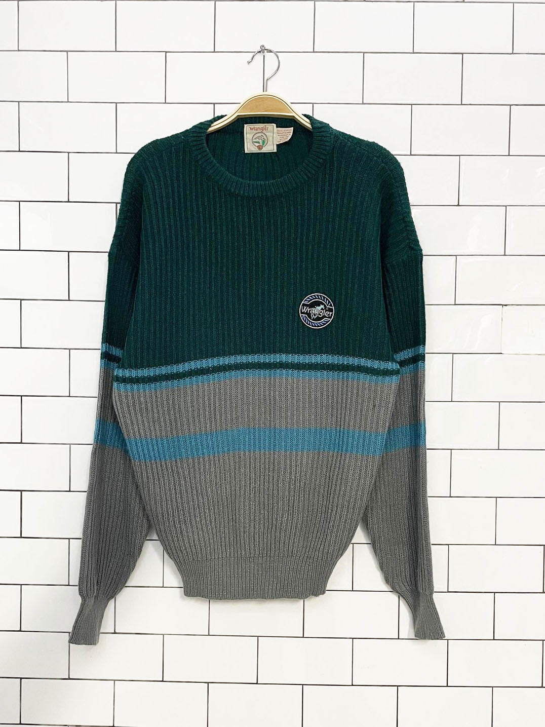 vintage wrangler crested colour block ribbed knit sweater | made in USA