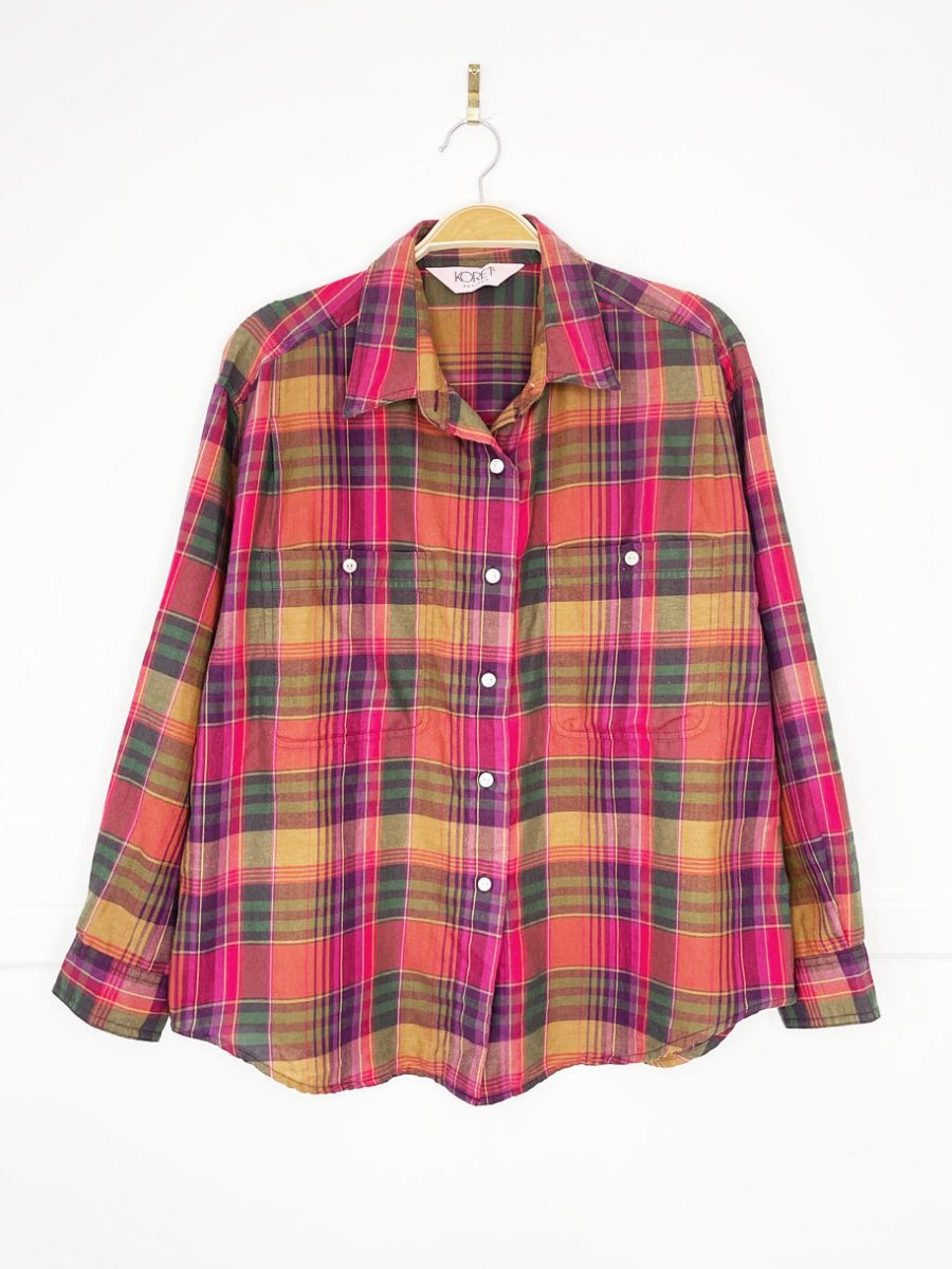 vintage 90s koret boxy pleated shoulder plaid shirt - good market thrift store