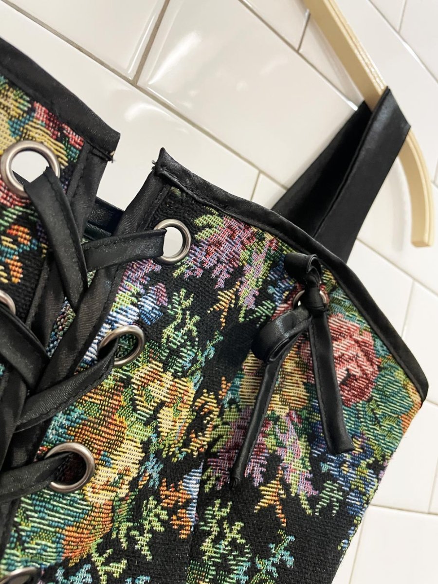 tapestry corset top with satin trim - good market thrift store