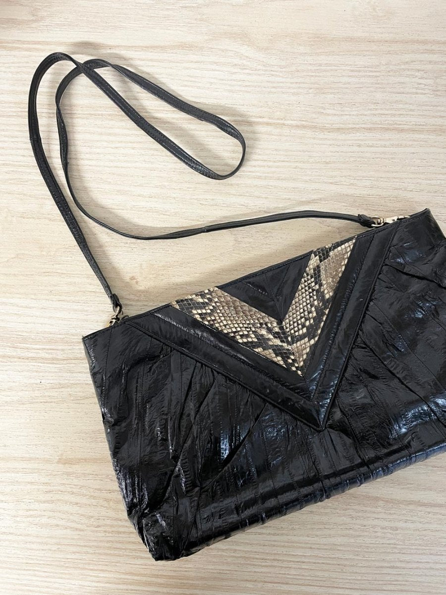 vintage 80s eelskin + snakeskin leather crossbody clutch | suede lining - good market thrift store
