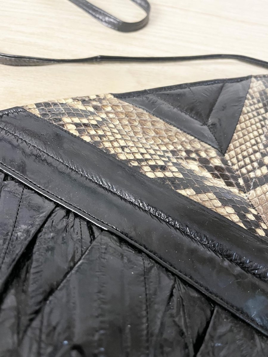 vintage 80s eelskin + snakeskin leather crossbody clutch | suede lining - good market thrift store