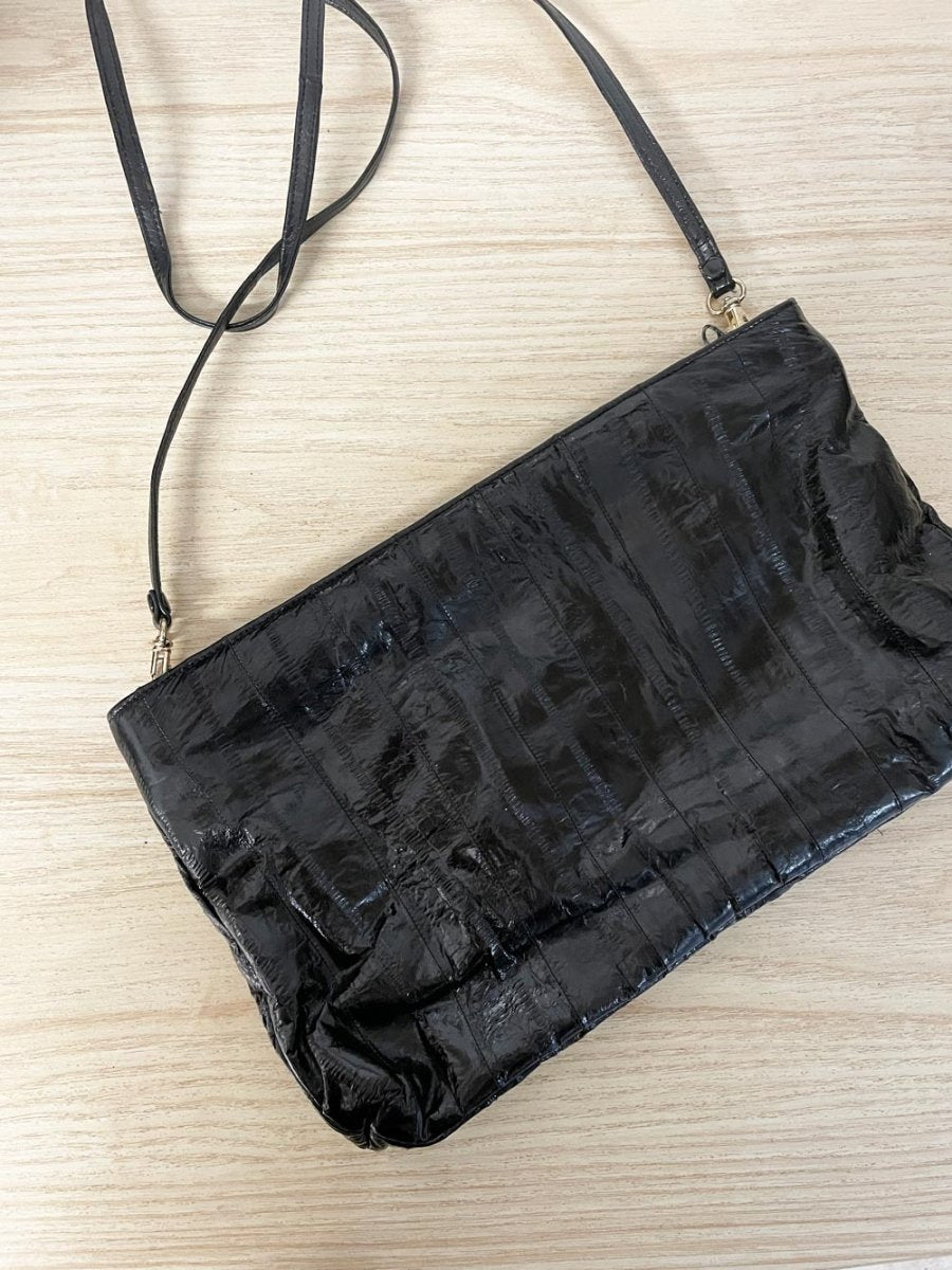 vintage 80s eelskin + snakeskin leather crossbody clutch | suede lining - good market thrift store