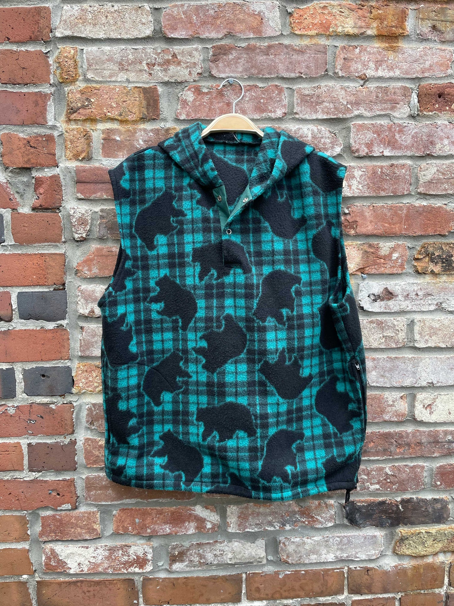 vintage bears check fleece sleeveless drawstring hoodie