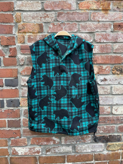 vintage bears check fleece sleeveless drawstring hoodie