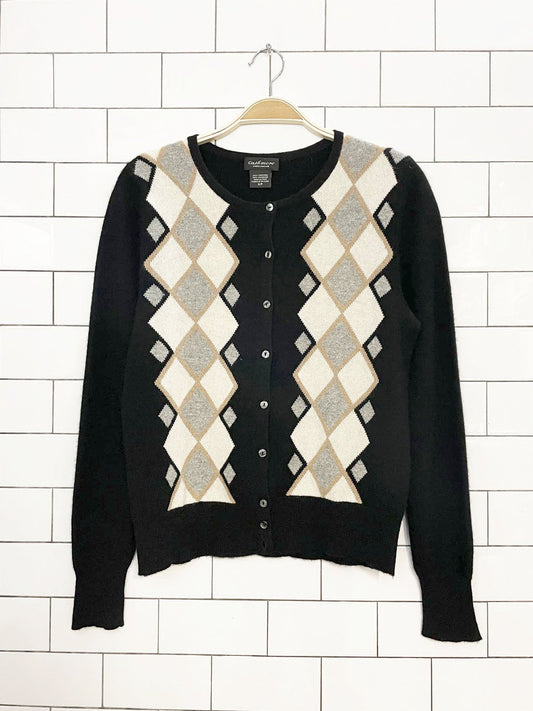 lord & taylor 100% cashmere argyle knit cardigan sweater
