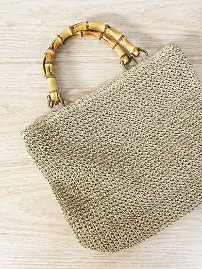 vintage 70s straw bamboo handle handbag - good market thrift store