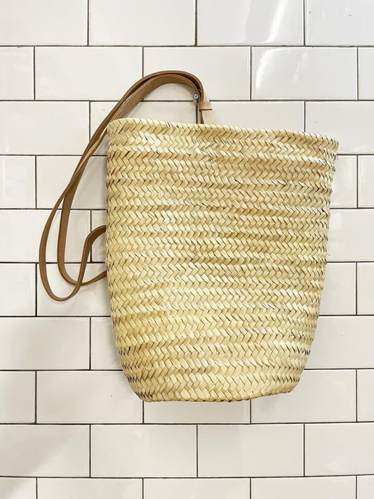 socco designs morocco market basket backpack w leather straps - good market thrift store