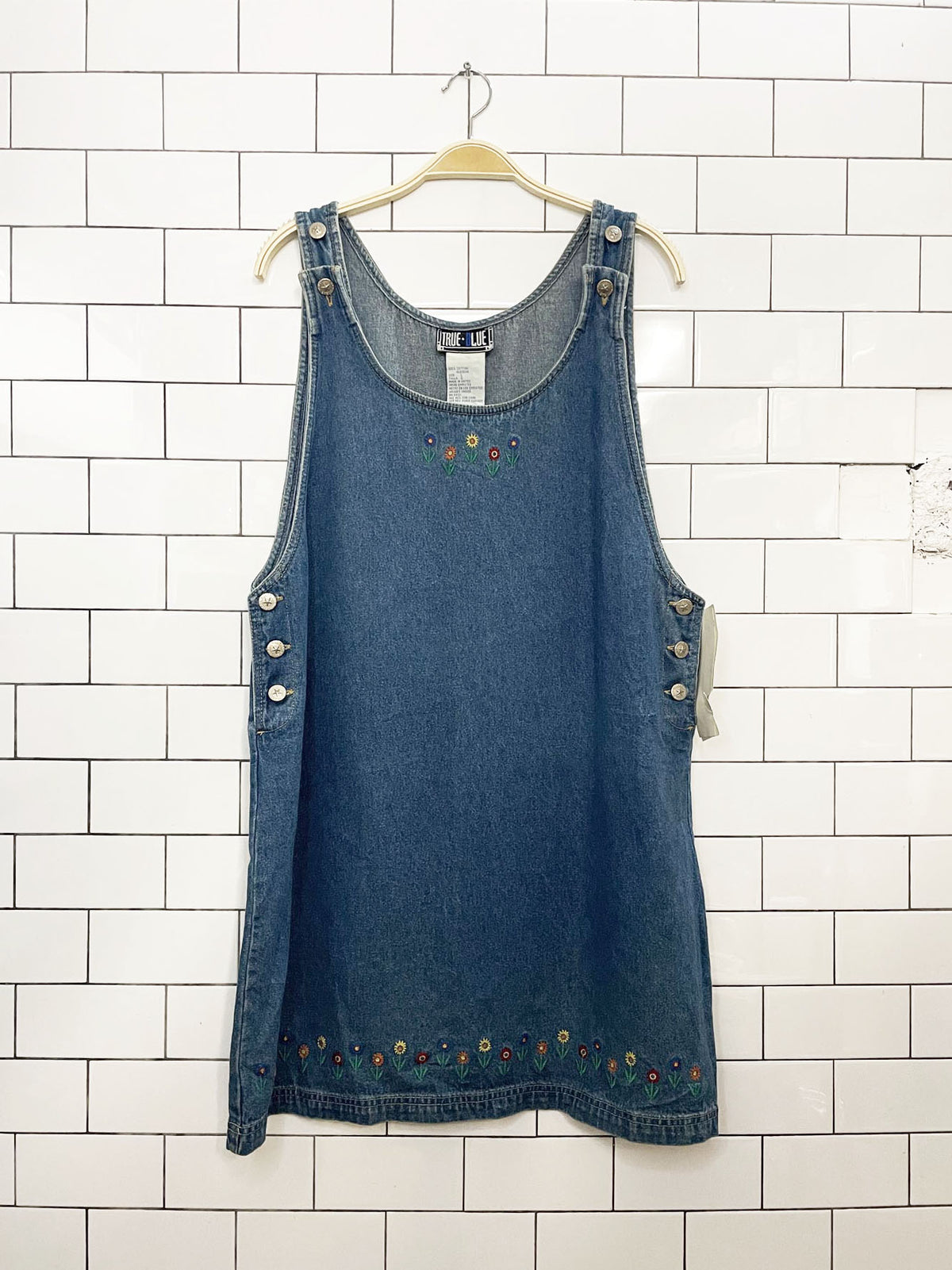 nwt vintage 90s true blue floral embroidery denim mini dress