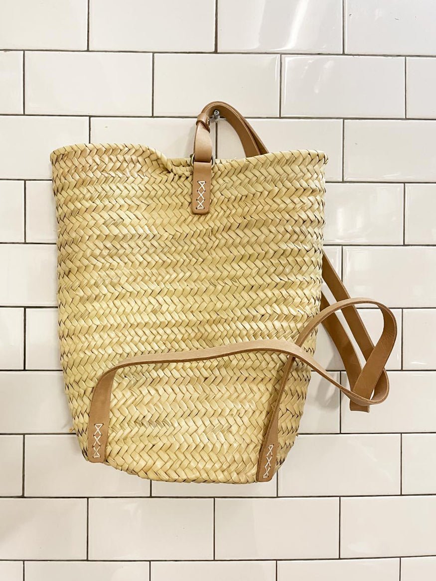 socco designs morocco market basket backpack w leather straps - good market thrift store