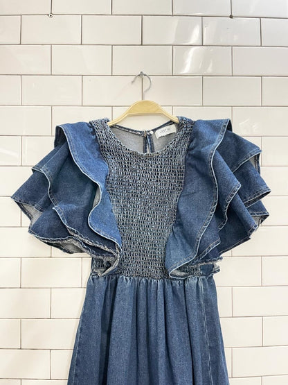 lost ink london smocked ruffle sleeve denim maxi dress - good market thrift store