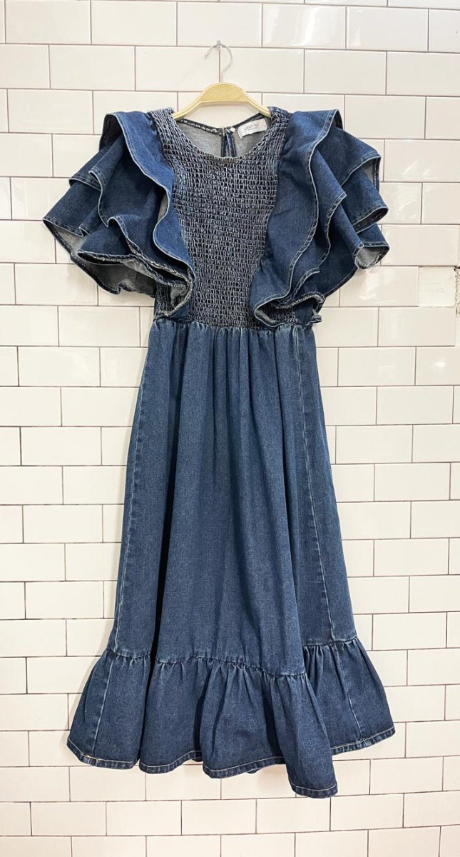 lost ink london smocked ruffle sleeve denim maxi dress - good market thrift store