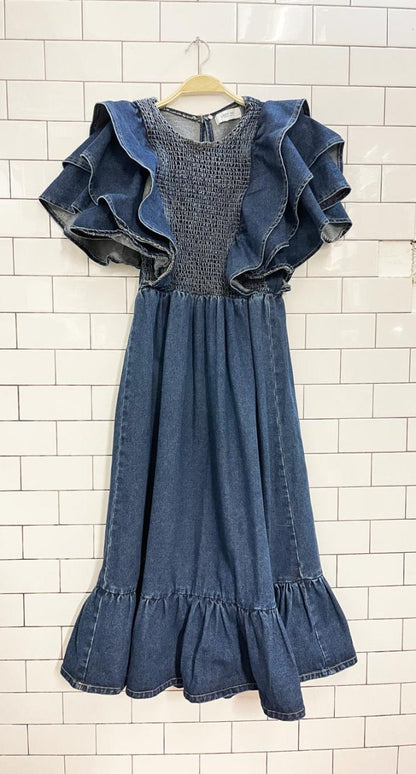 lost ink london smocked ruffle sleeve denim maxi dress - good market thrift store