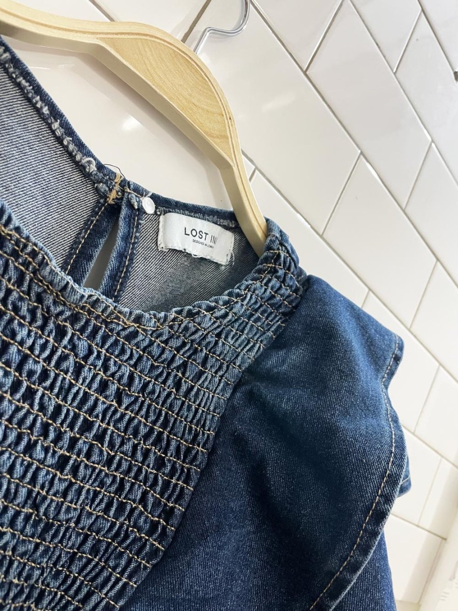 lost ink london smocked ruffle sleeve denim maxi dress - good market thrift store