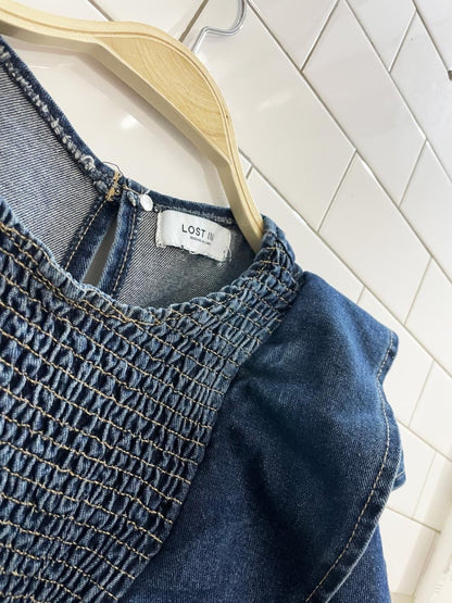 lost ink london smocked ruffle sleeve denim maxi dress - good market thrift store