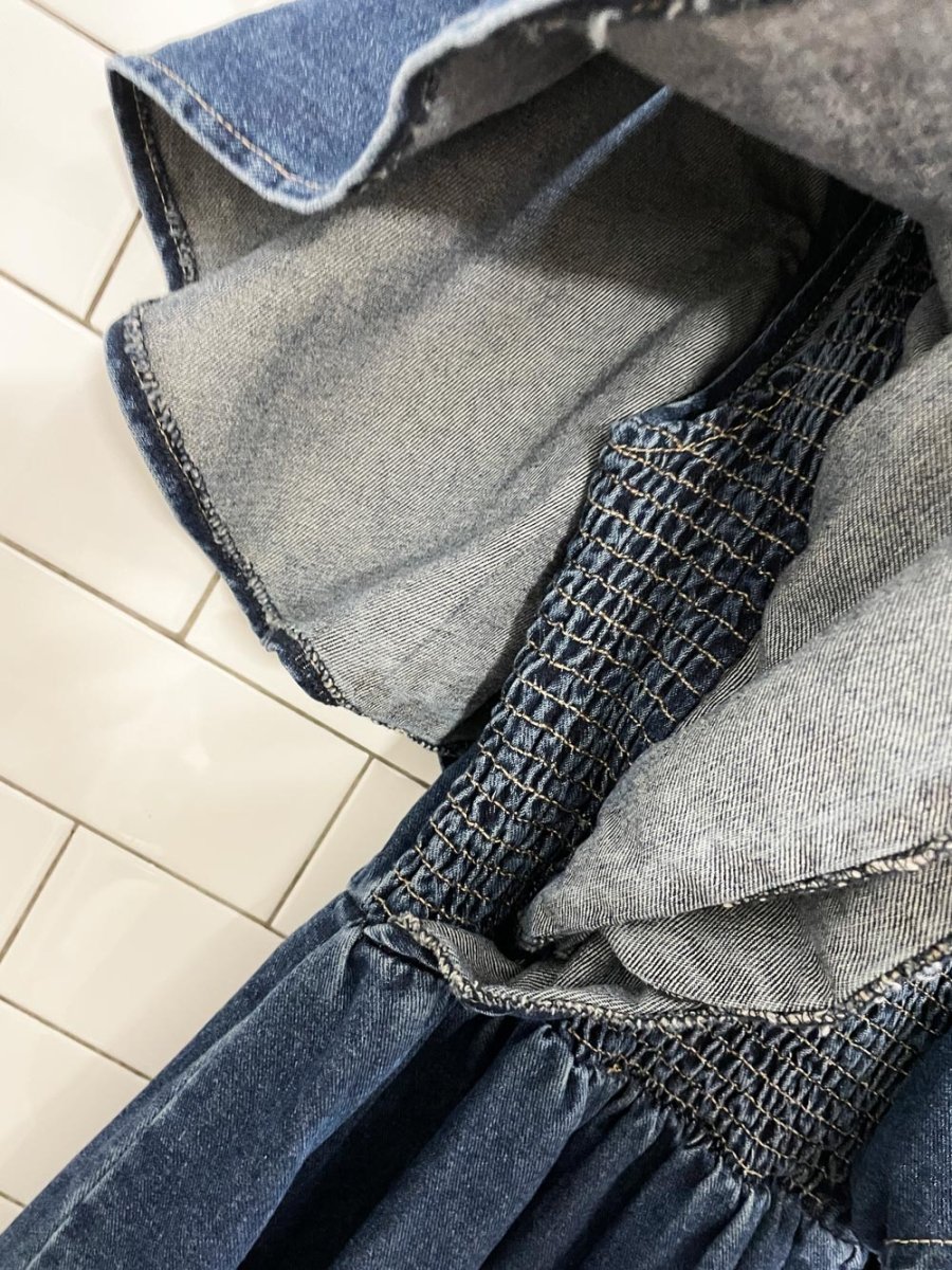 lost ink london smocked ruffle sleeve denim maxi dress - good market thrift store