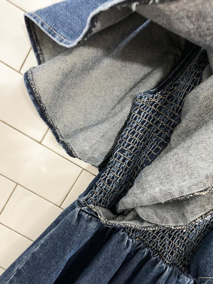 lost ink london smocked ruffle sleeve denim maxi dress - good market thrift store