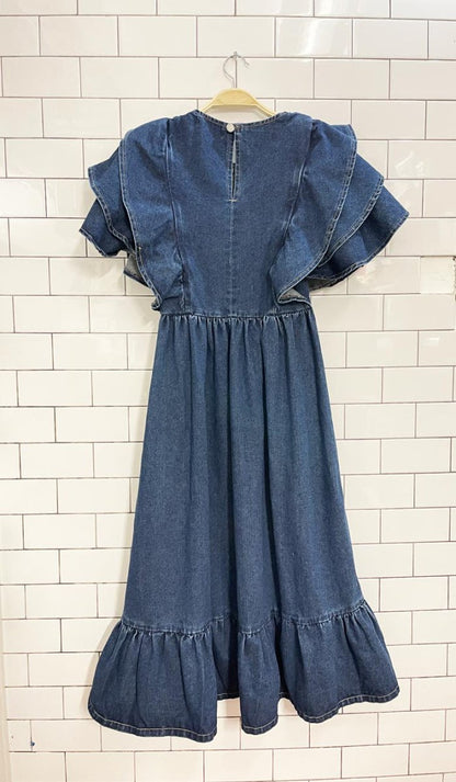 lost ink london smocked ruffle sleeve denim maxi dress - good market thrift store