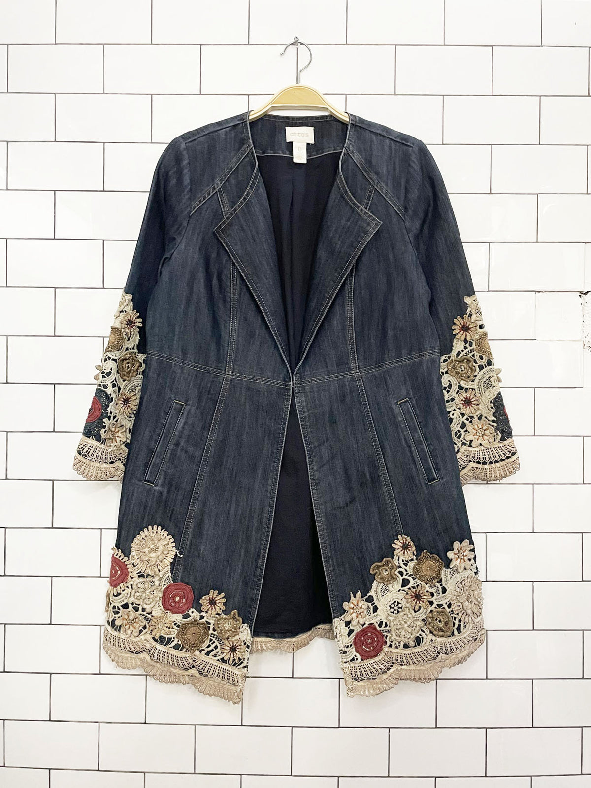 vintage chicos boho floral embroidered open denim jacket | made in india