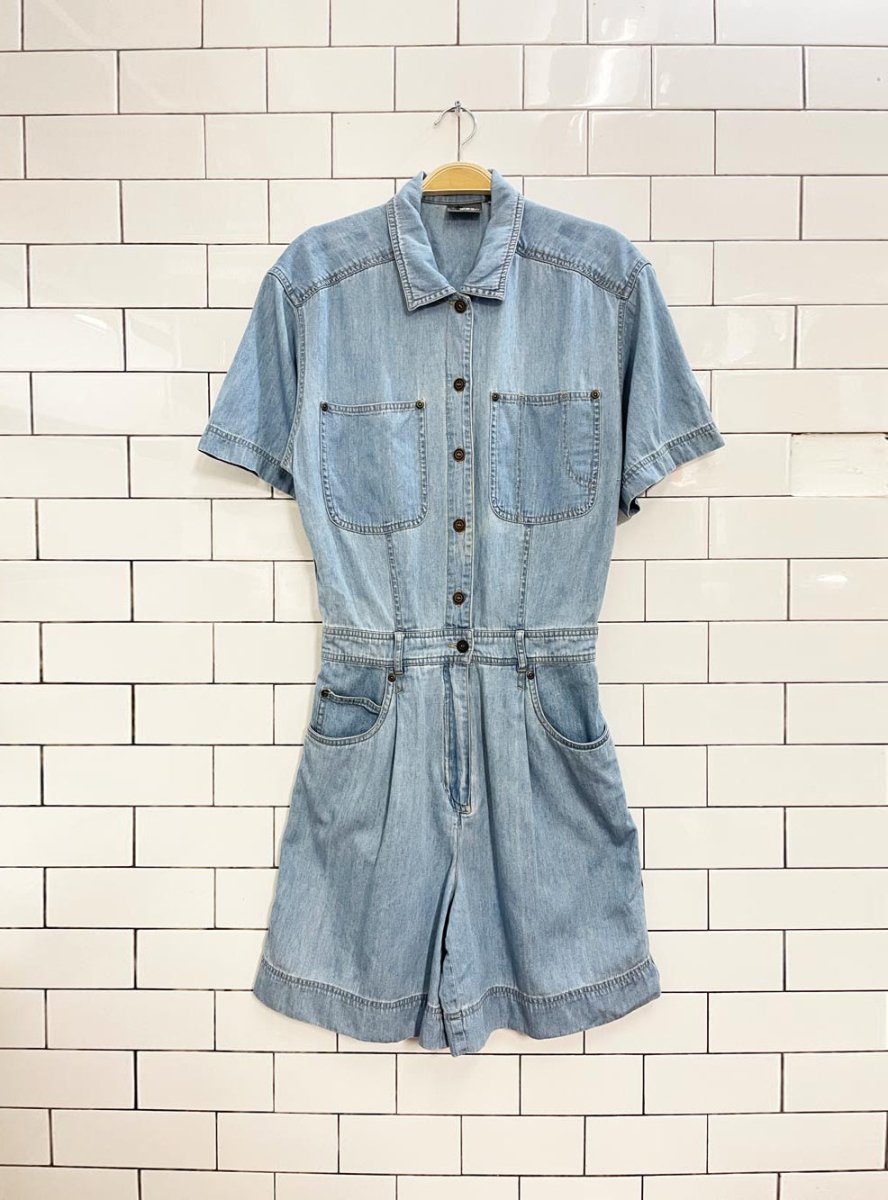 vintage 90s lizwear pleated denim shirt romper | liz claiborne - good market thrift store